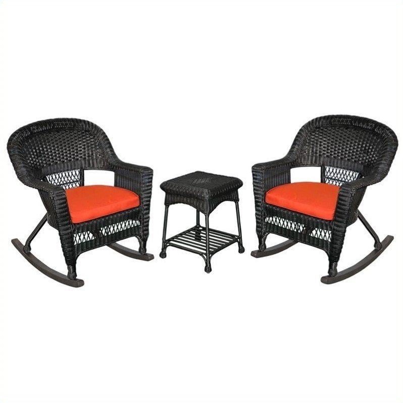 Jeco 3pc Wicker Rocker Chair Set in Black with Red Cushion by Jeco Inc.
