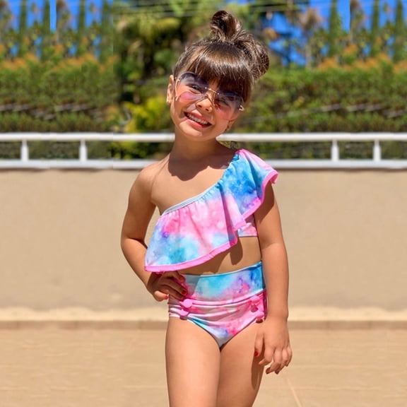 AURIGATE Little Girls Swimsuits Toddler Baby Girls Tie-Dye Ruffle Swimwear One Shoulder Bathing Suit Bikini Set