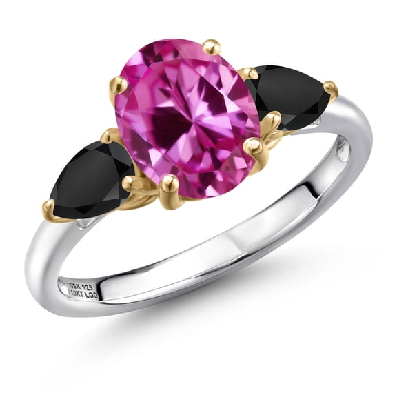 Gem Stone King 925 Silver and 10K Yellow Gold Pink Created Sapphire and Black Onyx Engagement Ring for Women | 1.76 Cttw | Oval 9X7MM | Gemstone September Birthstone | Size 7