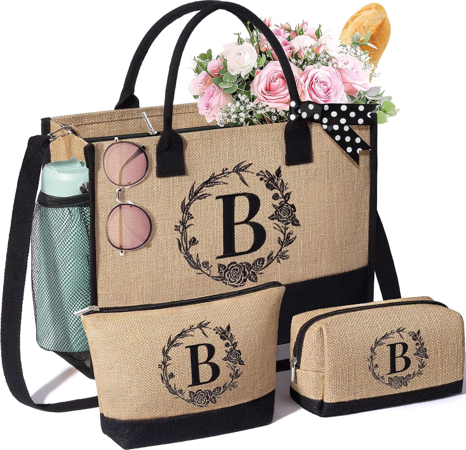 Personalized Christmas Gifts for Women Tote Bag, Initial Jute Tote Bag & Makeup Bags Monogrammed Beach Bag w/Zipper, Holiday Birthday Gifts for Women Her  Mom Daughter Sister Girlfriend Teacher