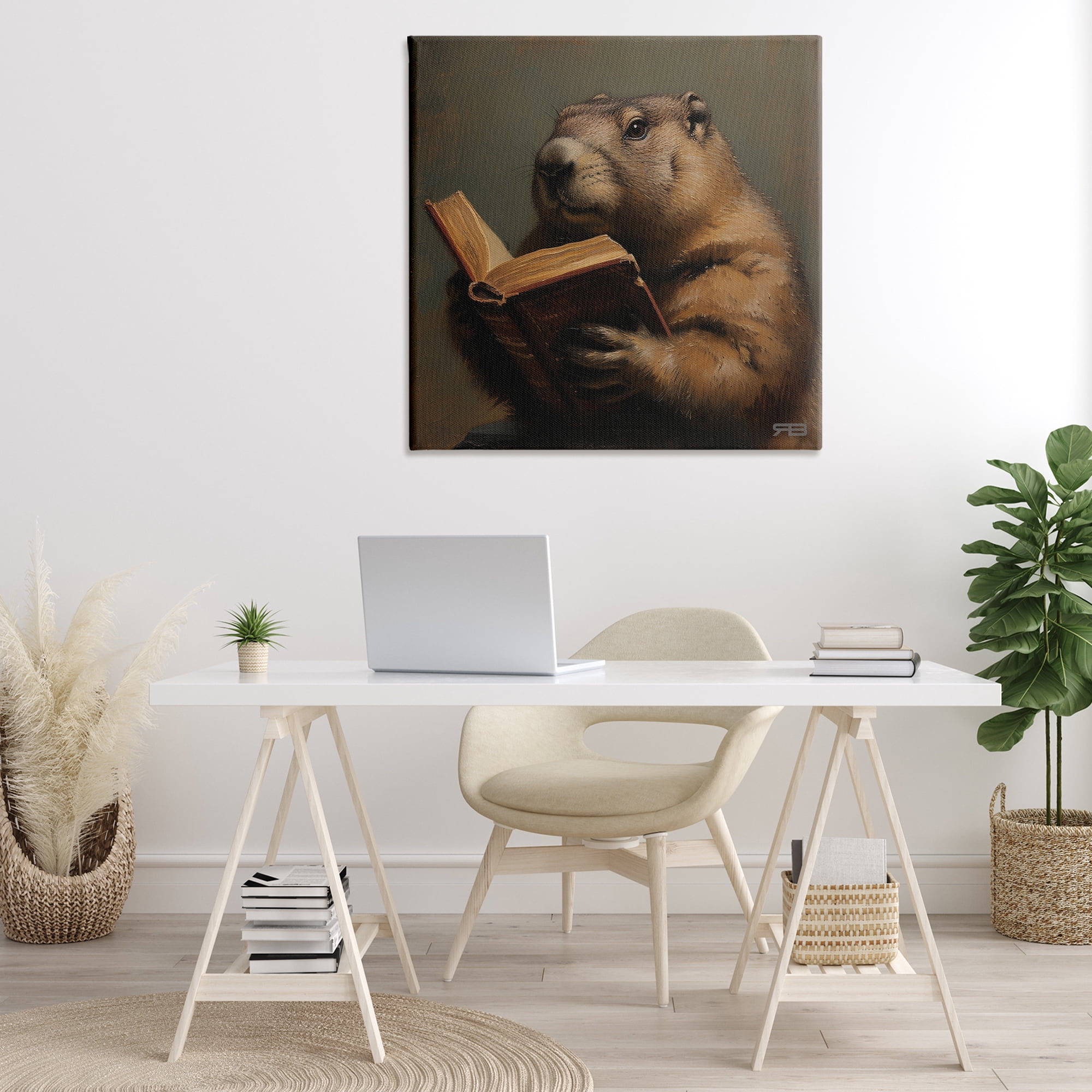 Stupell Industries Groundhog Reading Book Animals & Insects Painting Gallery Wrapped Canvas Art Print Wall Art, 36 x 36