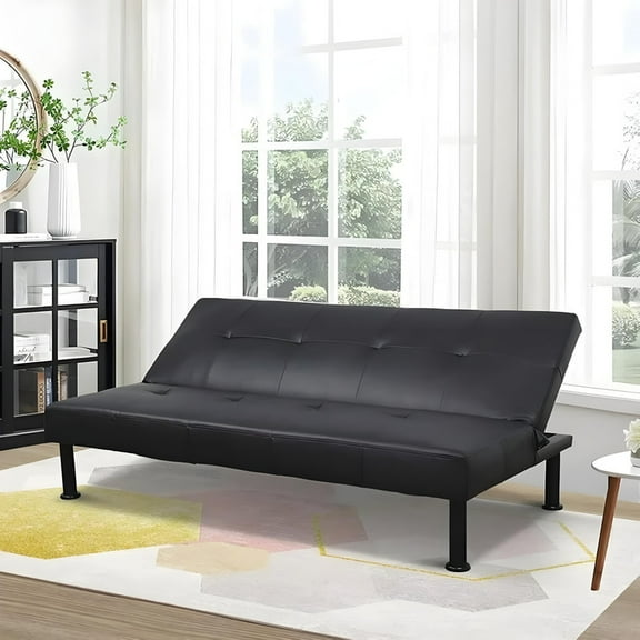 Couches for Living Room Upholstered Convertible Folding Futon Sofa Bed Modern Small Faux Leather Sleeper Sofa Love Seat for Bedroom, Apartment, Black
