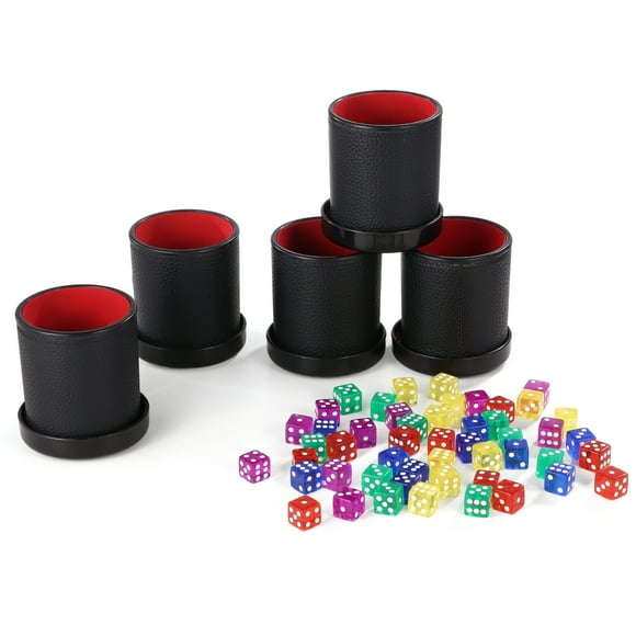 5 PCS PU Leather Dice Cups with 50 Dice, Felt-Lined Shaker Cups for Bar Party Yahtzee Farkle Dice Games Friends Gatherings