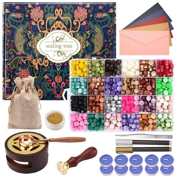 Wax Seal Stamp Kit - 24 Colors, 624 Pcs Stamp Beads, Sealing Wax Warmer, Metallic Pen & Envelope, Gift & Decoration Set