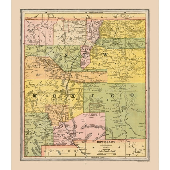 Historic State Map - New Mexico - Cram 1888 - 23 x 26.43 - Vintage Wall Art