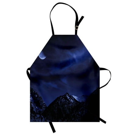 - Night Apron Snow Covered Mountain Peaks Winter Trees Scenic Landscape with Moon Sky, Unisex Kitchen Bib Apron with Adjustable Neck for Cooking Baking Gardening, Dark Blue Black Coconut, by Ambesonne