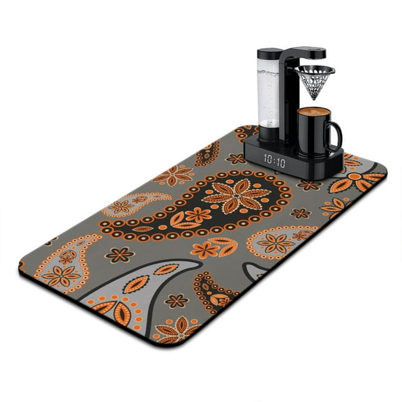 Paisley Pattern Dish Drying Mat 17x31.5inin, Vintage Bohemian Absorbent Coffee Bar Mat, Ethnic Colorful Kitchen Counter Protector