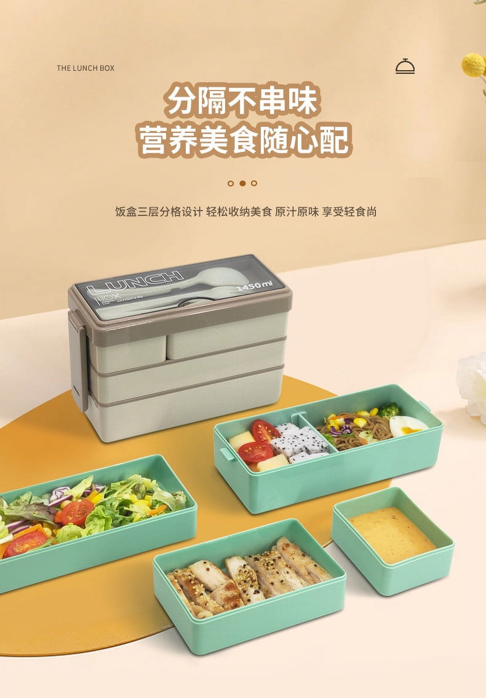Reusable Bento Boxes,Bento Box Adult Lunch Box,BPA Free Leakproof Built in Reusable Spoon,Three-layer Compartment Lunch Box