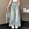 thumbnail image 2 of KAUOD Teen Girls Baggy Jeans Lace Patchwork Elastic High Waist Denim Pants Kids Cute Washed Flare Jeans Trousers with Pocks, 2 of 8
