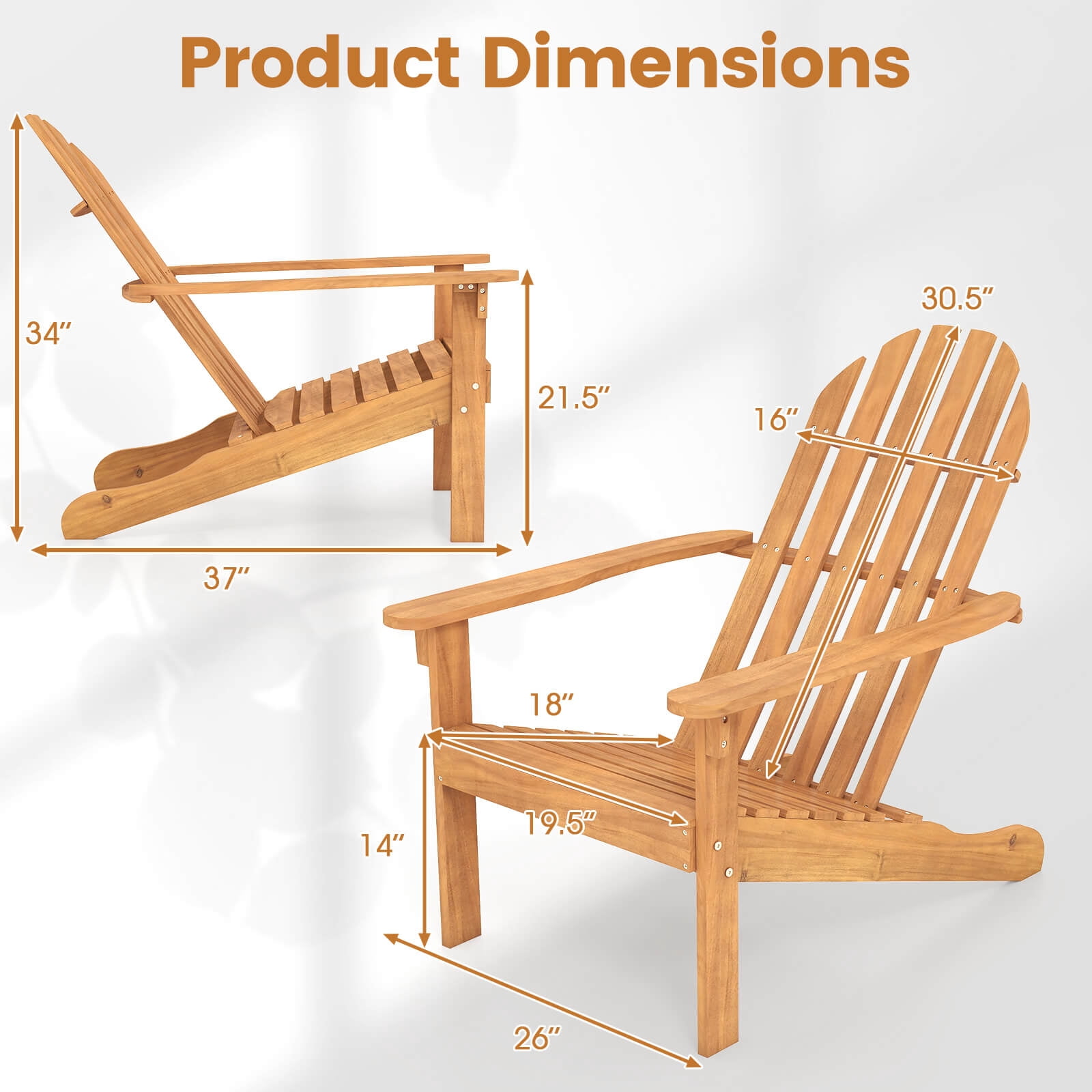 Costway 1 PCS Patio Adirondack Chair with Inclined Seat High Backrest for Porch Backyard Poolside