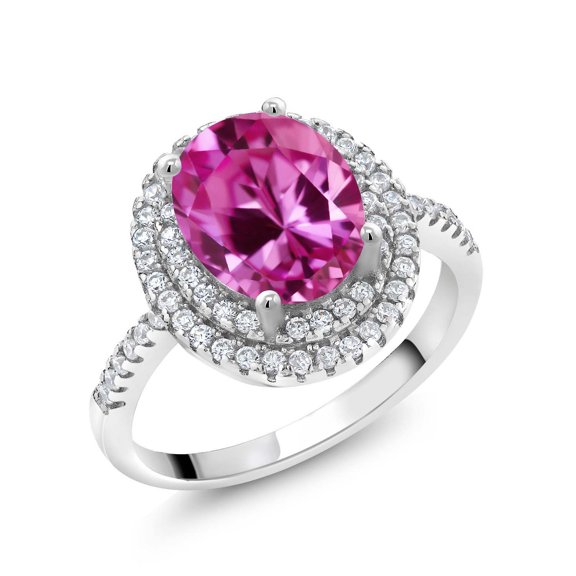 Gem Stone King 925 Sterling Silver Halo Engagement Ring Oval Pink Created Sapphire and Moissanite (1.43 Cttw) | Size 7