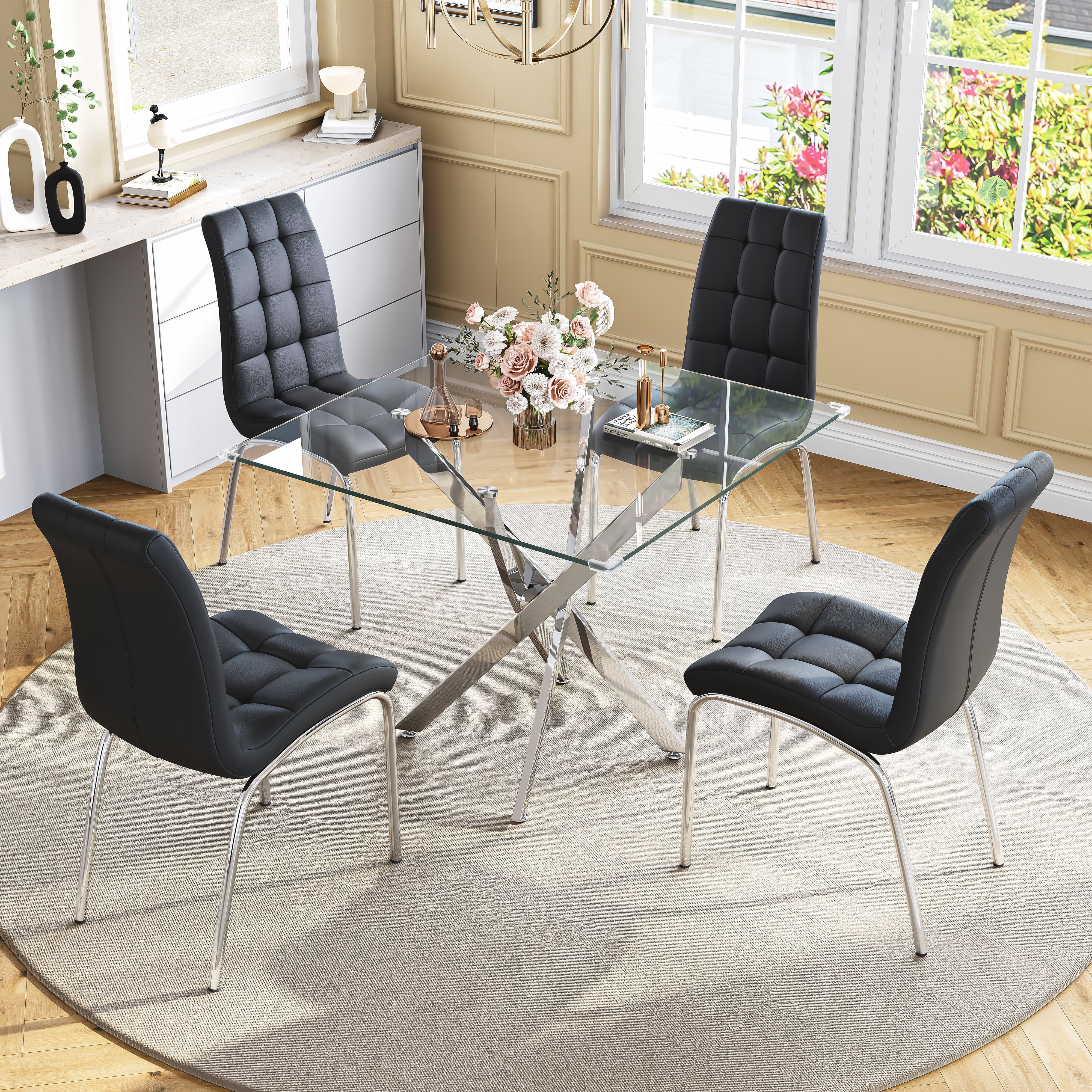 5-Piece 36" Square Glass Dining Set, Clear Tempered Glass Table & 4 PU Leather Chairs with Stainless Steel Legs for Kitchen, Meeting Room