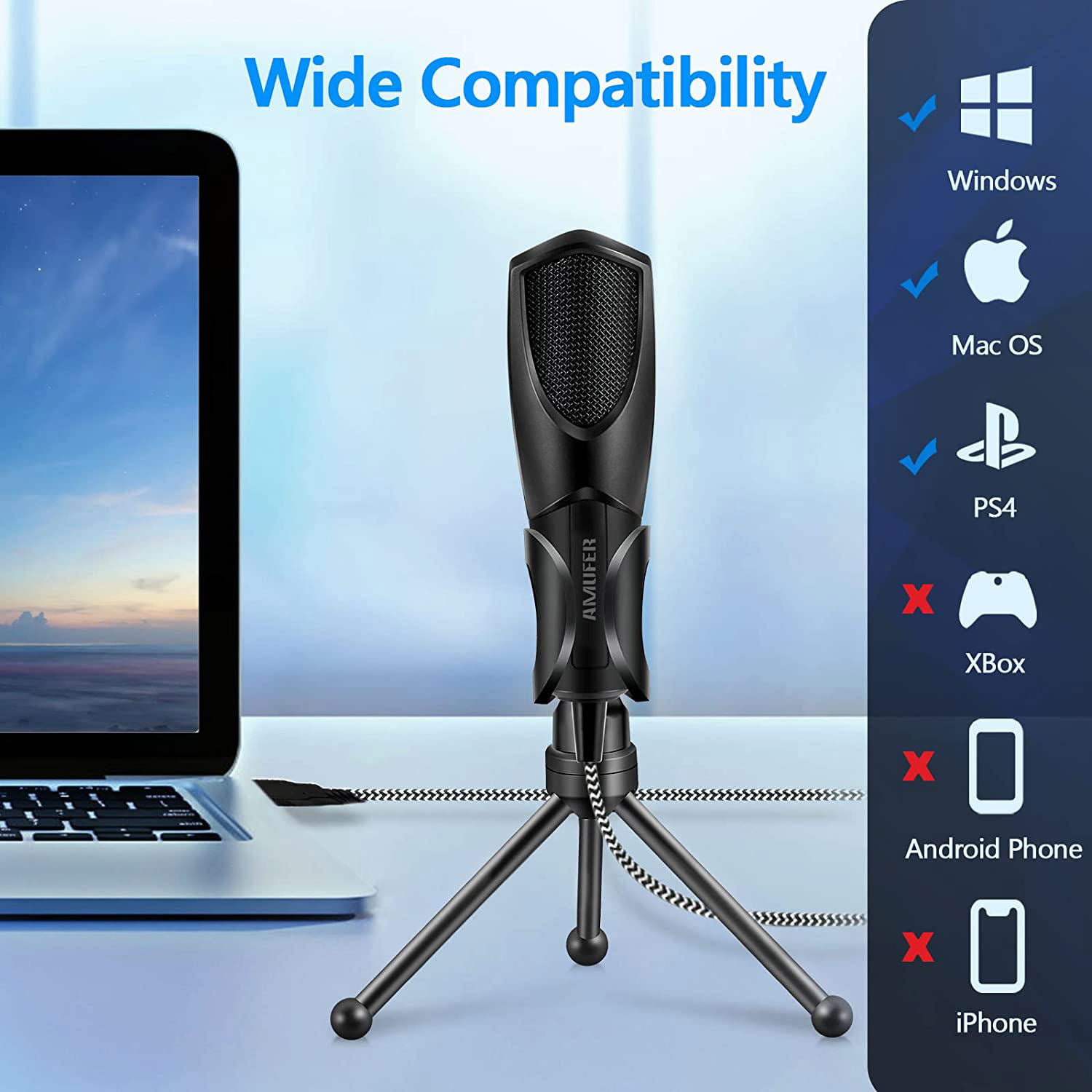 Streaming USB Microphone Decormiss Computer Microphone with Tripod Stand Recording Condenser Microphone for Mac & Windows Recording Voice Gaming YouTube Videos 