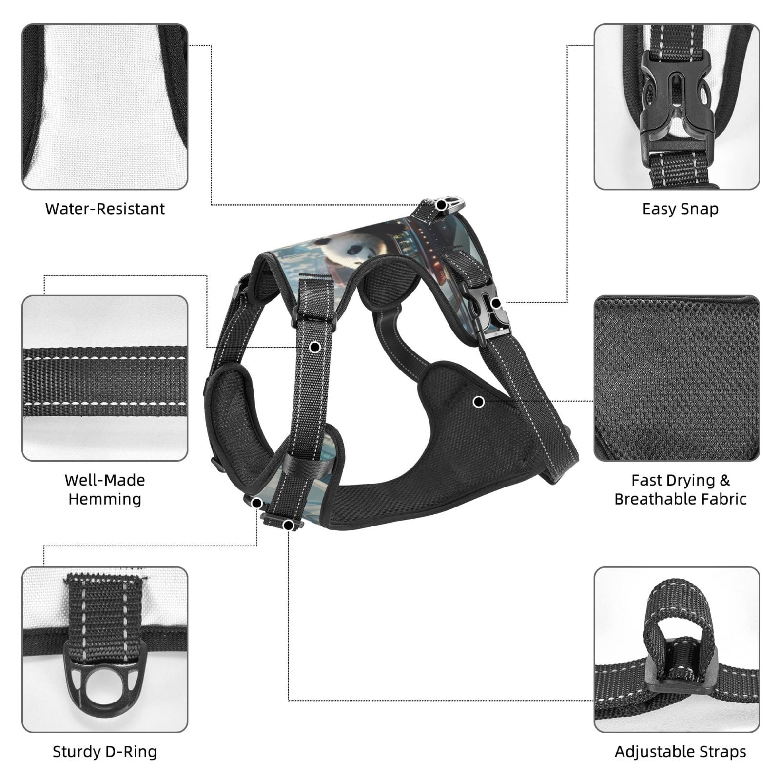 Vsdgher Panda In Futuristic City Dog Harness, No-Pull Pet Harness, Dog Vest, Pet Vest for Small to Large Dogs-Medium