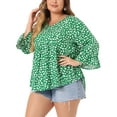 thumbnail image 4 of GRACE & GRANDEUR Blusas de mujer de talla grande con estampado de lunares, escote en V, mangas 3/4, dobladillo peplum, estilo babydoll, 3X, verde, 4 of 6