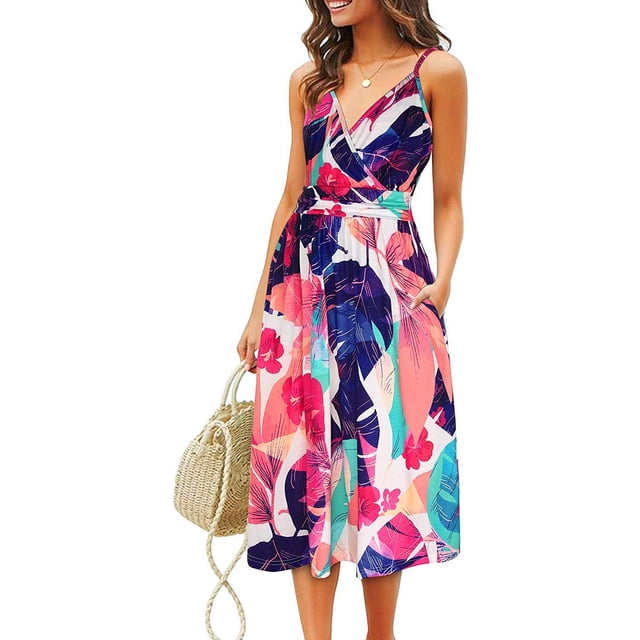 Nouvelle Robe Décontractée Ample pour Femmes avec Poches Robe d'Été Imprimé Floral Robe de Plage