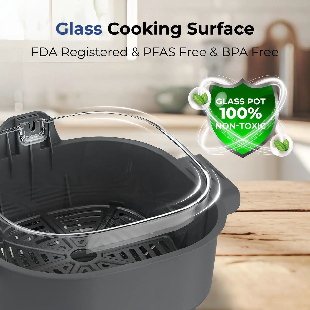Rosewill 4-in-1 Portable Glass Air Fryer, 4.7QT Transparent Glass Cooking Pot with Storage Lid & Tongs, Compact Smart for Deep Roast, Recrisp, Keep Warm – Dark Grey