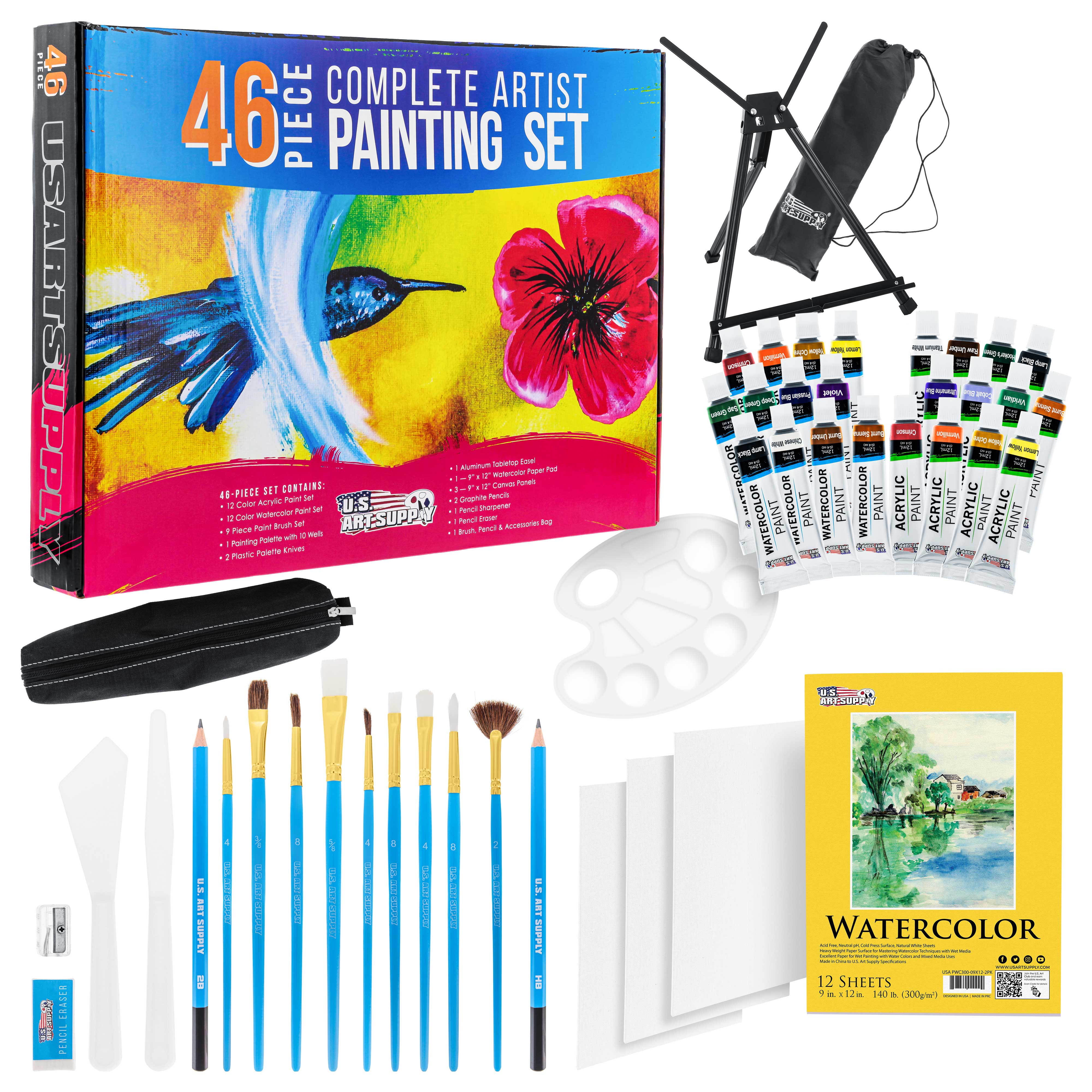 U.s. Art Supply 46-Piece Complete Artist Painting Set With Easel - 12 Acrylic & 12 Watercolor Paint Colors, Brushes, Canvas Panels, Watercolor Pad, Painting Palette, Pencils - Kid, Student, Adult Kit - Walmart.com