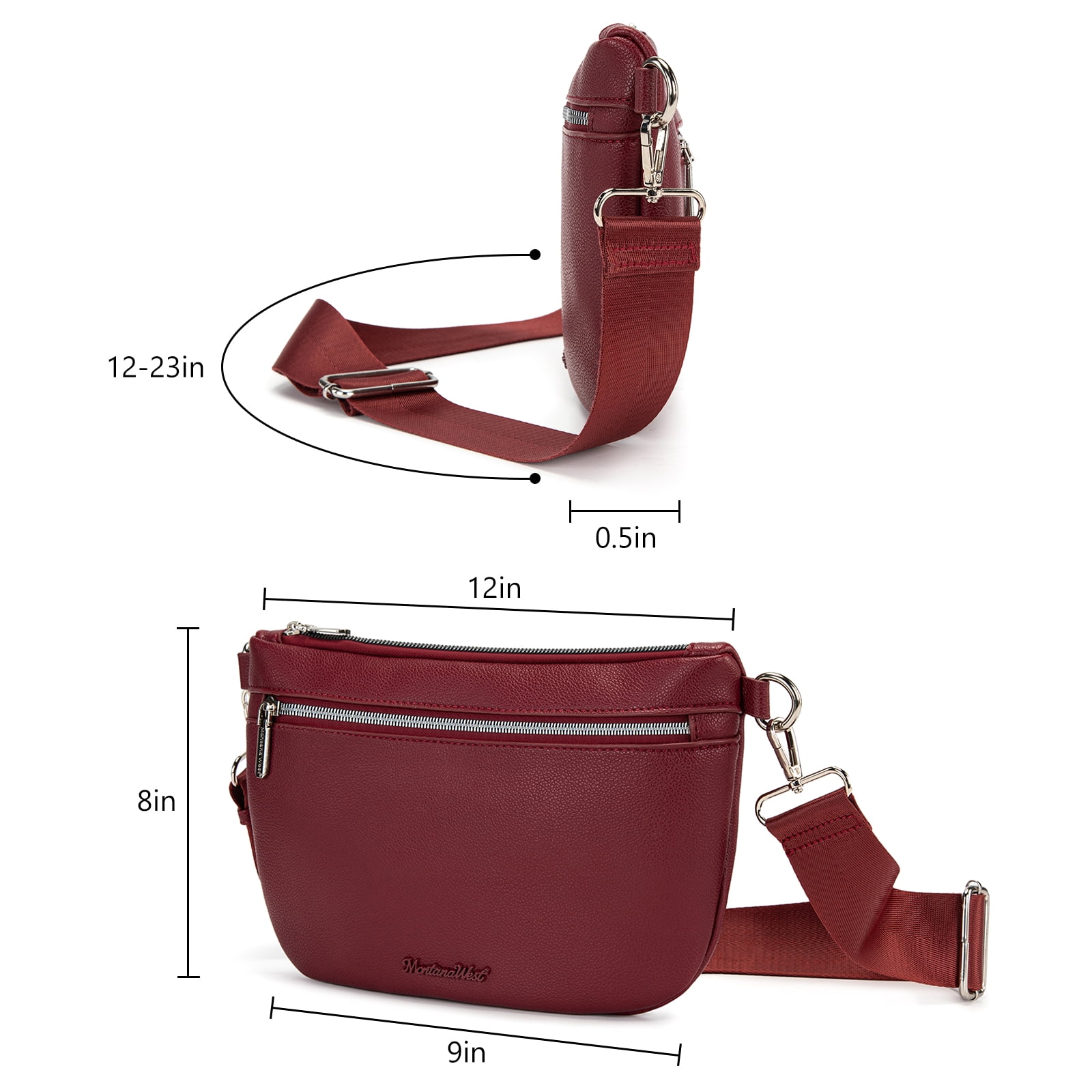 Montana West Crossbody Bag for Women with Dual Zipper Pockets, Burgundy