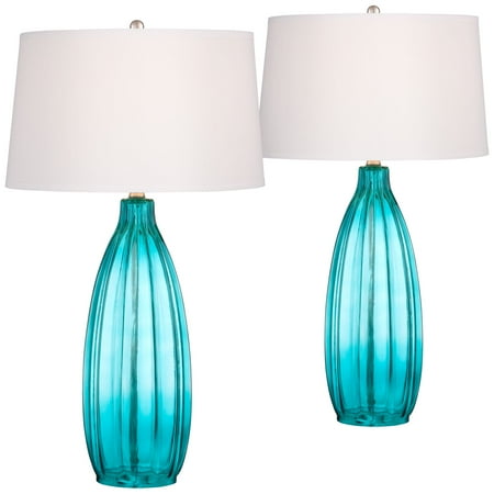 - 360 Lighting Coastal Table Lamps Set of 2 Fluted Blue Glass White Drum Shade for Living Room Family Bedroom Bedside Nightstand