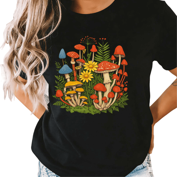 Black Colorful Mushroom Floral Print Tshirts Cottagecore Streetwear Graphic Tee S-5XL Tops