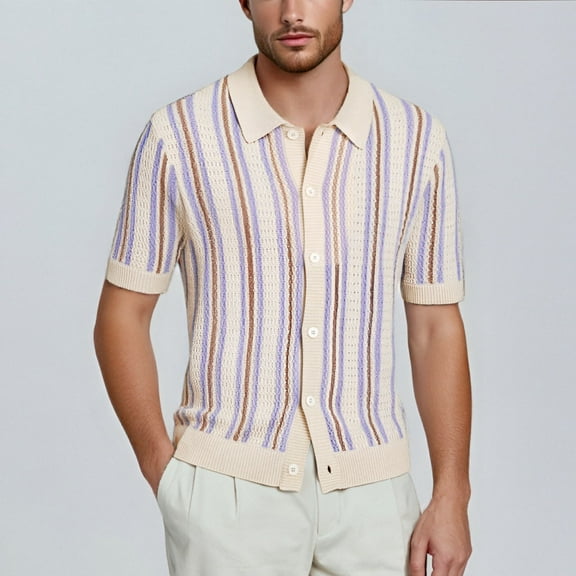 Vetsdori Mens Collared T-Shirts Purple Button up Button Short Sleeve Fashion Round collar Classic Striped Shirts for Men