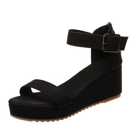 

Wiueurtly Women Summer Solid Color Buckle Strap Casual Open Toe Wedges Soft Bottom Breathable Sandals Shoes