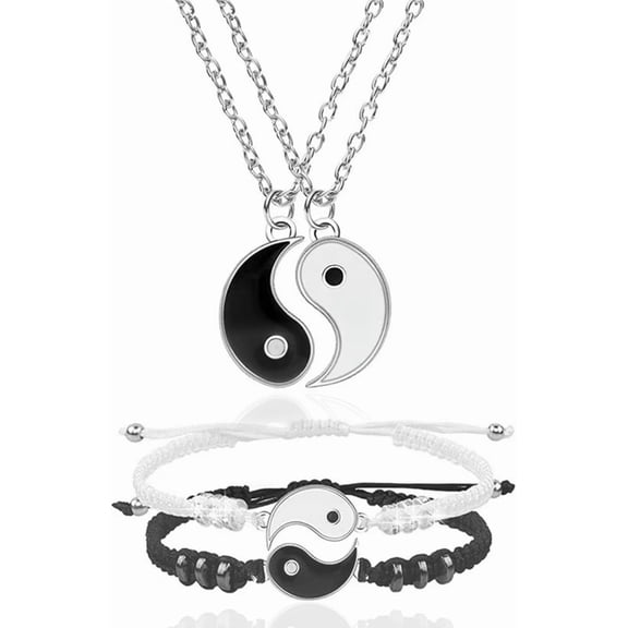 4 Pieces Enamel Yin Yang Pendant Necklace Couples Bracelet Jewelry Sets for Women Adjustable Cord Bracelets Necklaces for 2 Matching Friend for BFF Friendship