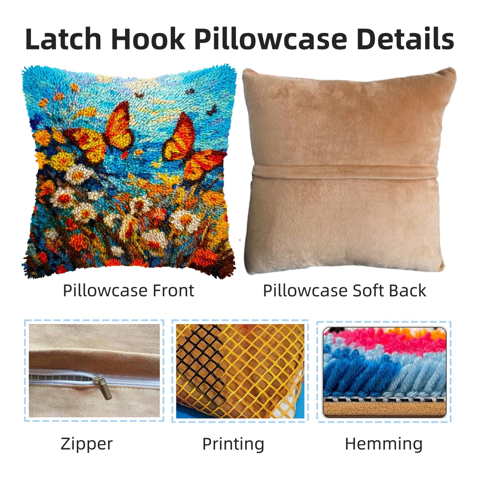 Butterflies and Wild Daisy DIY Latch Hook Pillow Kits for Adults Printed Pillowcase Crochet Yarns Hooking Handmade Pillow Cover Cushion for Home Sofa Decoration 17x17inch