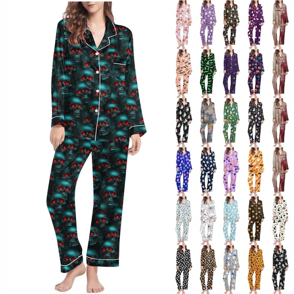Feancey 2 Piece Halloween Pajama Set for Women Novelty Print Pjs Two Piece Long Sleeve Button Down Shirts Straight Leg Pants Lounge Matching Sets Green M
