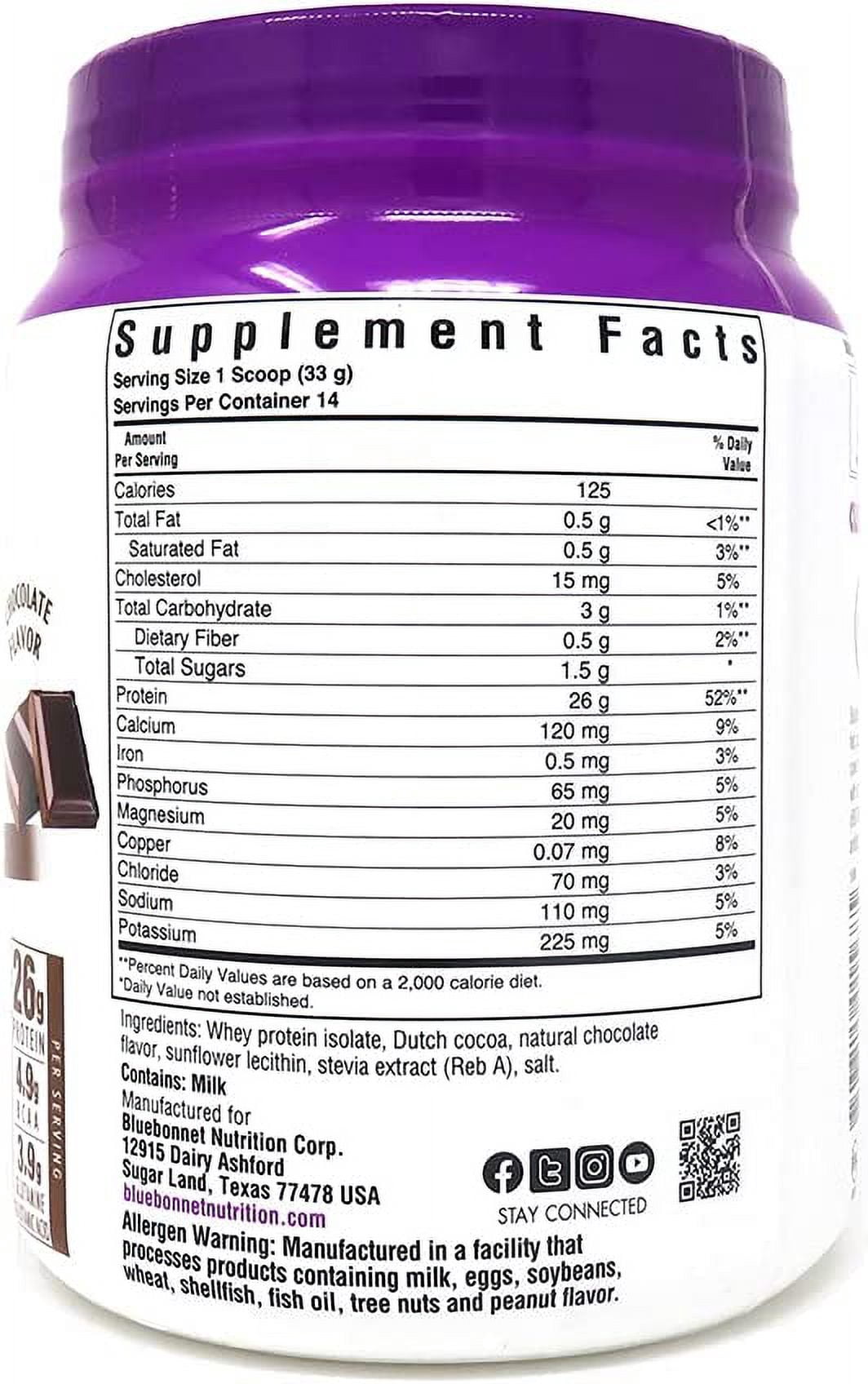Bluebonnet Whey Protein Isolate Powder 26g From Grass Fed Cows, Chocolate, 1 lb
