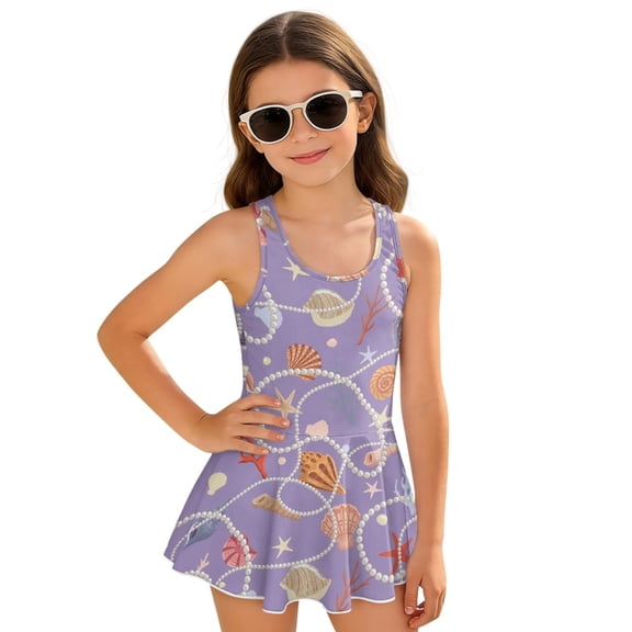 Tutolipy Seashell Coastal Print Girls’ Swimwear One Piece, Skirt Sleeveless Bathing Suit for Kids, Built in Shorts Girls One Piece Bathing Suit with Skirt Bottom Size 3-4 Years