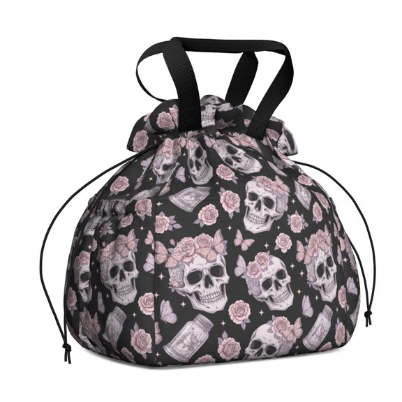 Skull and Butterfly Gothic Pattern Drawstring Insulated Lunch Bag for Women, Stain-Resistant Large Lunch Tote with Multi-Pockets for Work Office