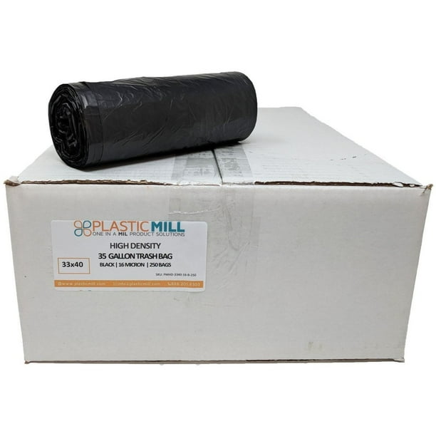 PlasticMill 35 Gallon, High Density, Black, 16 Micron, 33x40, 250 Bags