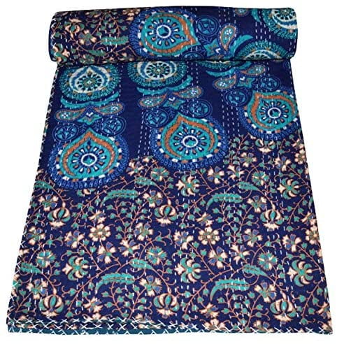 Indian Beautiful Kantha Quilt Traditional Vintage Kantha Throw Blanket Bedspread Hand Block Print TwinQueen Size Cotton Blue Paisley