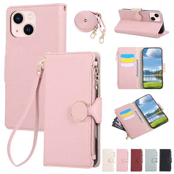 For iPhone 14 Wallet Case with Card Holder/Crossbody Strap/Zipper Pouch/Lanyard,[RFID Blocking][Magnetic Closure] Premium PU Leather Shockproof Cover For iPhone 14,Pink