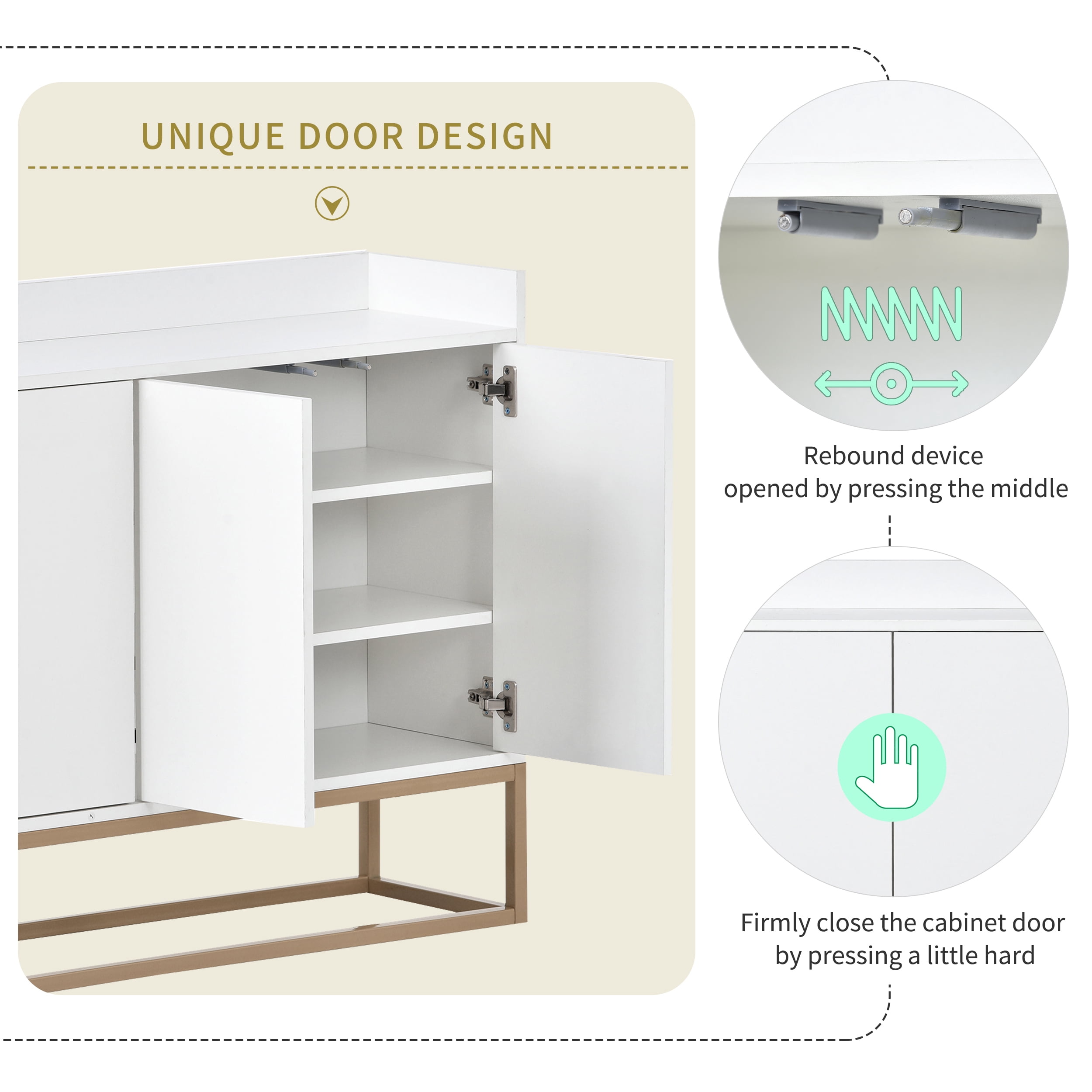 EUROCO 47.2'' Modern Sideboard Storage Buffet Cabinet, Particle Board Buffet Cabinet with 4 Doors, Adjustable Shelves and Gold Metal Legs for Dining Room, Entryway, White
