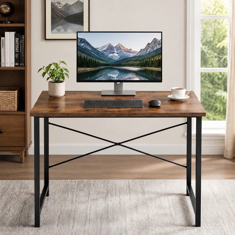 BEAUTYPEAK 31" Small Computer Desk Writing Gaming Table with Wood Top X-Shaped Reinforced Frame, Rustic Brown