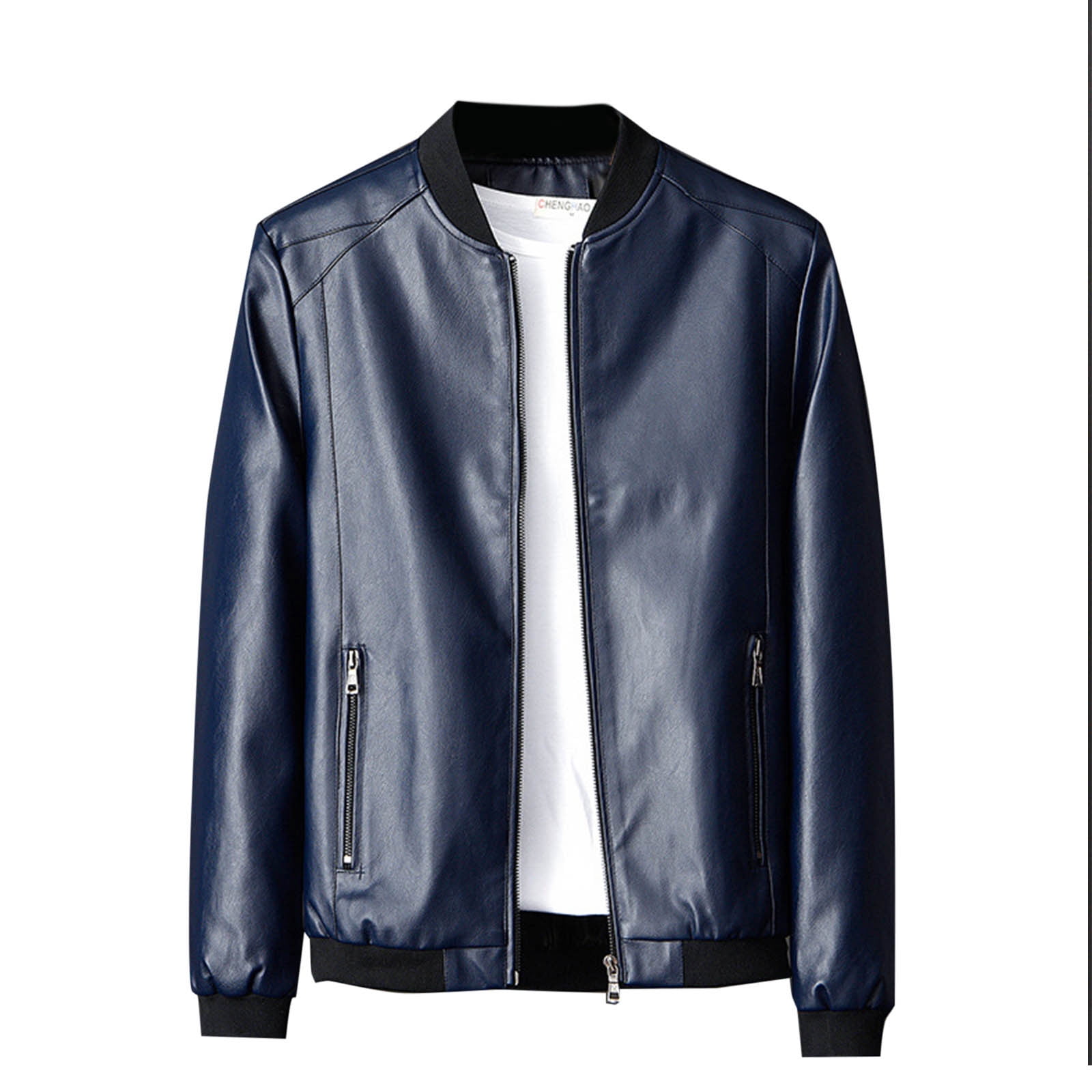 APEXFWDT Men's Faux Leather Bomber Jacket with Fleece Lining, Zippered Front & Side Pockets Jacket for Business Casual & Night Out,L,Blue