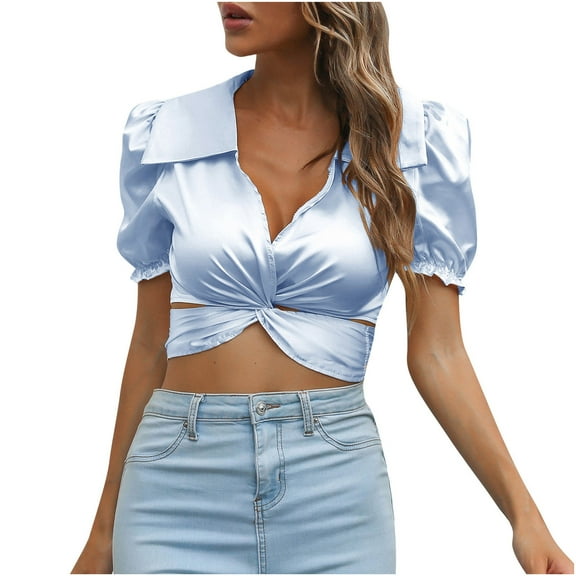 HAPIMO Women's Cropped Tops Cutout Satin Silk Solid Color Short Sleeve V Neck Shirts Elegant Casual Workout Tops for Teen Girls Summer Tees Trendy Blue L