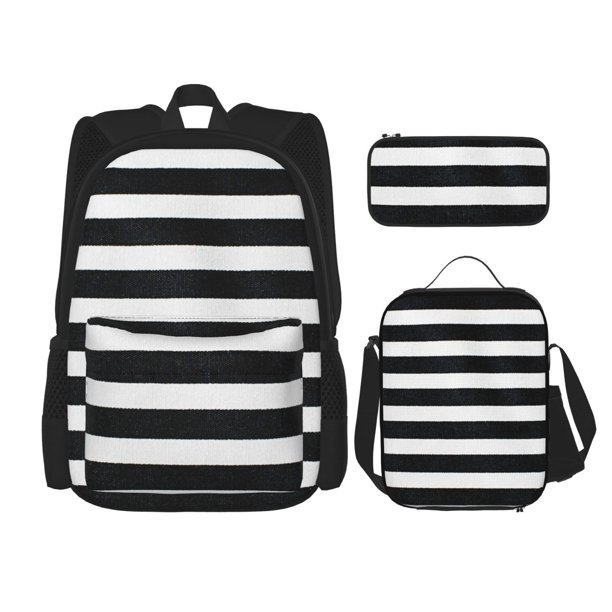 Balery Black And White Stripes Mochila Escolar 3 en 1 para Niños - Mochila Resistente con Lonchera Térmica y Estuche - Mochila Escolar para Niños y Niñas