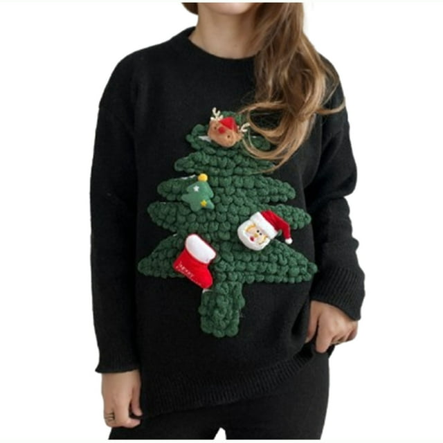 Funicet Chandails de Noël pour Femmes, Pulls pour Femmes, Chandail Imprimé de Noël à Col Rond Manches Longues, Hauts de Noël pour Femmes, Chandails de Noël pour Femmes