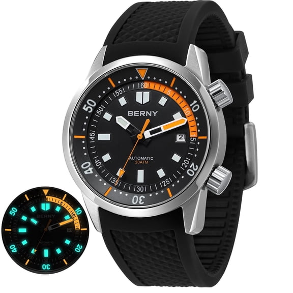 BERNY Men's Automatic Dive Watch, Sport 20ATM Waterproof Machanical Men Watch with Silicone Strap, Date, Super Luminous, Sapphire Crystal, Fashion Diving Watch for Men, Black