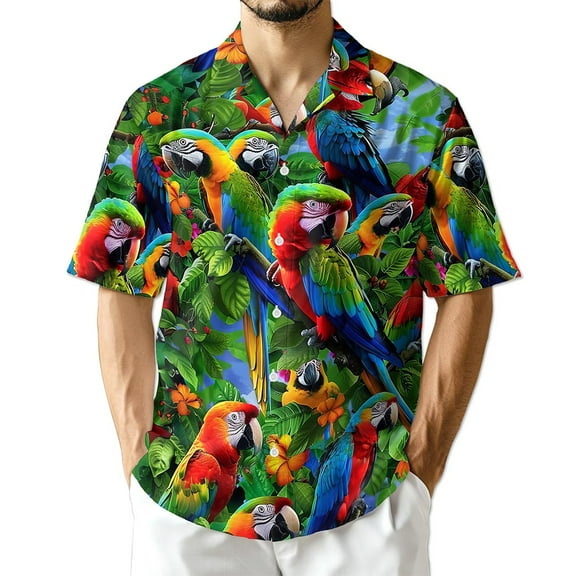 Netecom Parrots Hawaiian Shirt for Men, Tropical Style, Button Down Summer Beach Short Sleeve, S-5XL