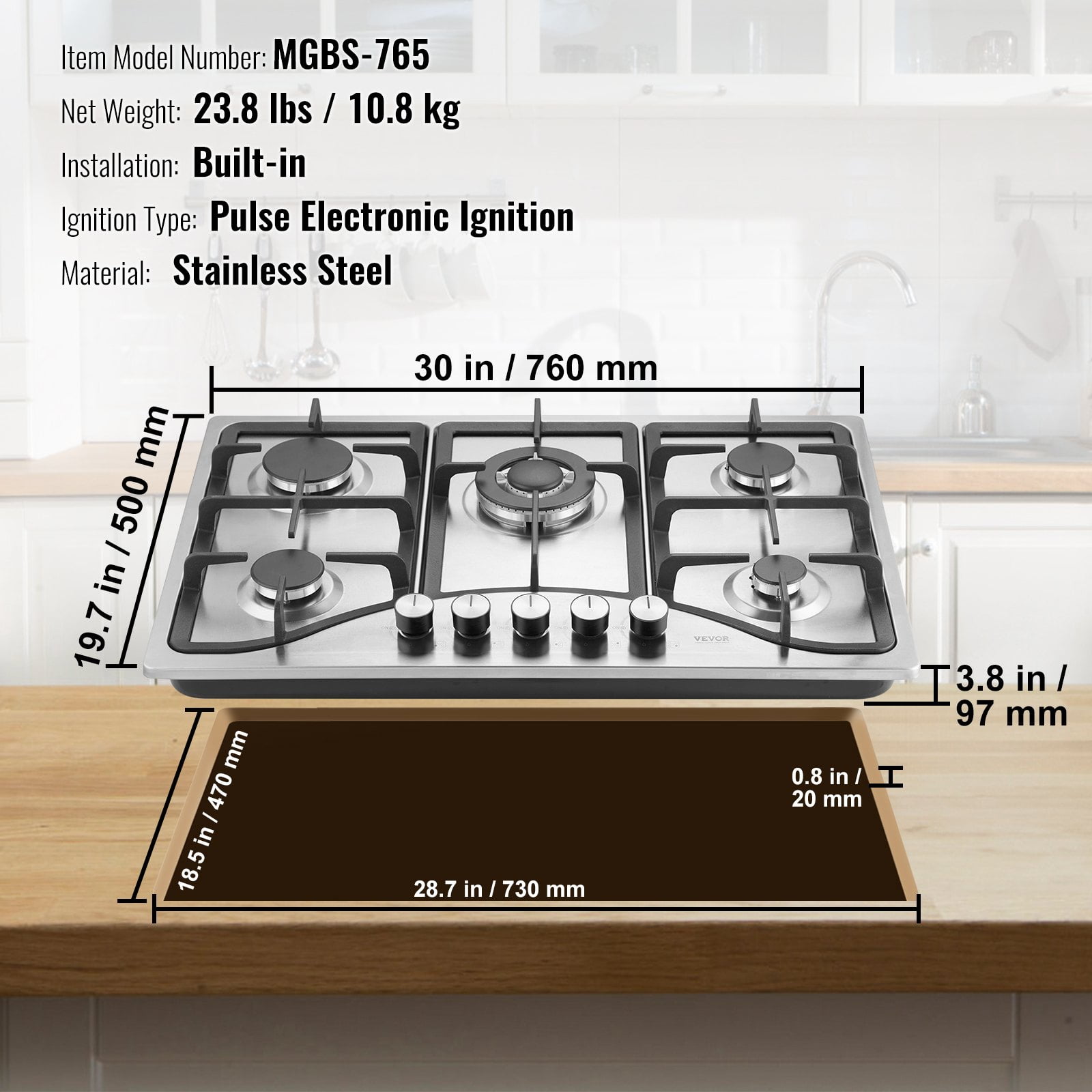 Gas Cooktop 30 inch, Max 12250BTU 5 Burners Built-in Stainless Steel Gas Stove Top, LPG/NG Convertible Dual Fuel Natural Gas Hob with Thermocouple Protection