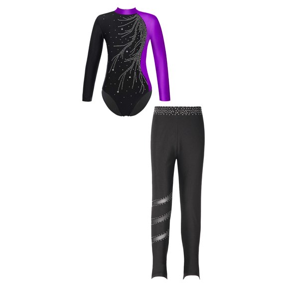 Alvivi Kids Girls Ice Skating Clothes Sets Long Sleeve Gymnastic Leotard with Tights Pants Outfits Purple&Black 10