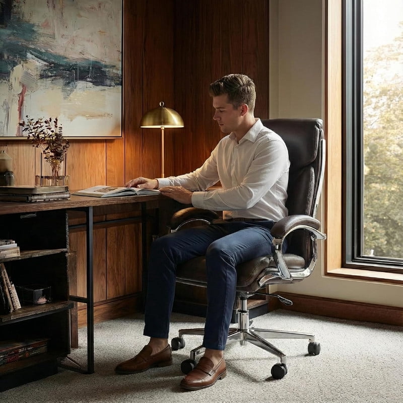 COLAMY High Back Executive Office Chair, PU Leather Computer Desk Chair with Extra Thick Padded Seat Cushion, Quiet Rubber Rolling Casters and Adjustable Tilt Tension for Home Workspace,Brown