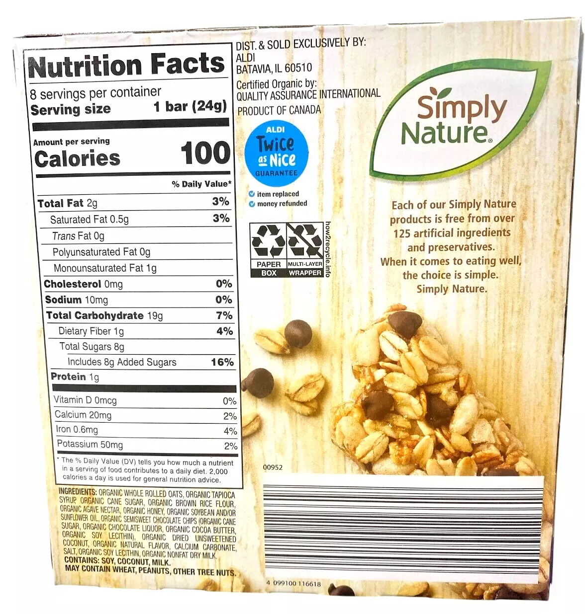 Pack of 2 – Organic Non-GMO Chocolate Chip Chewy Granola Bars (8 Bars per Box)