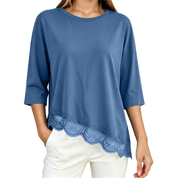 Lmueinov 3/4 Length Sleeve Womens Tops Crew Neck Lace Scalloped Hem Casual Shirts Solid Loose Fit Blouses Summer Fall Vacation Outfits