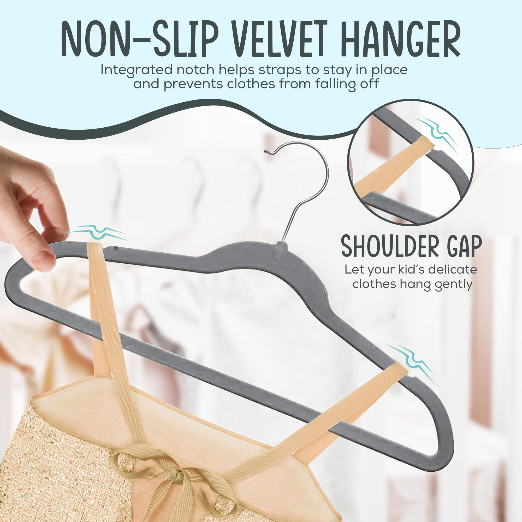Techzoo Premium Kids Velvet Hangers 55 Pack – 14" Non Slip Felt Cloth Hangers for Closet – Ultra Slim, Space Saving Kids Clothes Hangers with 360° Swivel Hook, Toddler Children Kids Hangers – Gray